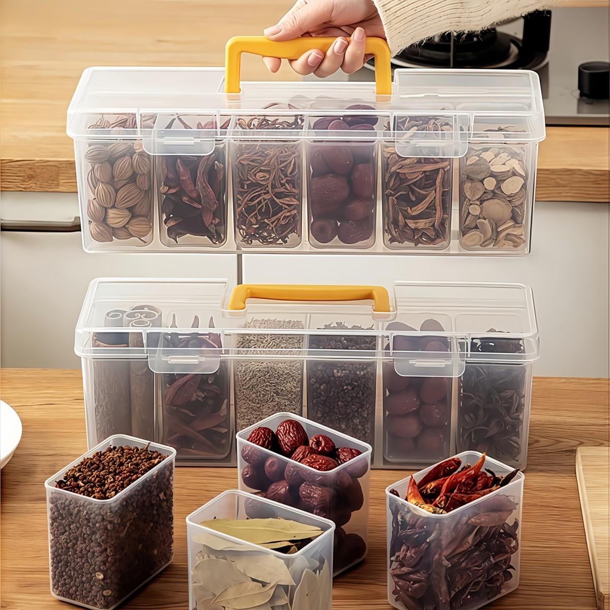 7 PCS Storage Box Set, clear plastic containers for spices, grains, and snacks, easy-access design for kitchen organization, perfect for home cooking, meal prep, and countertop storage