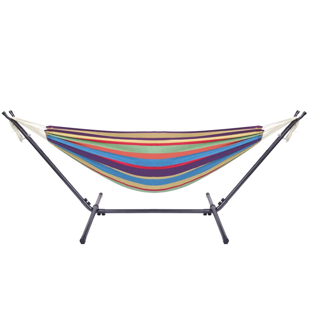 Double Hammock with Stand - 250lb Capacity Heavy-Duty Steel Frame & Carry Bag - Brazilian-Style Cotton for Backyard, Camping, Garden Outdoorfun