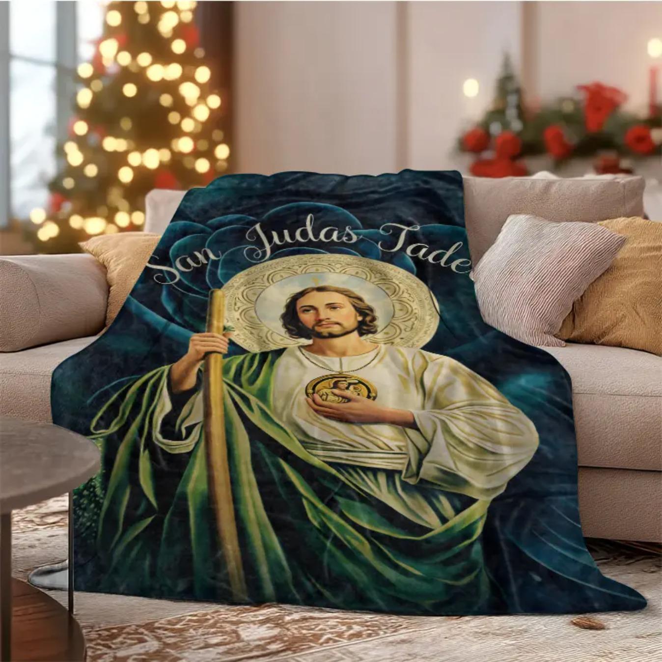 Blessed San Judas Tadeo Art Flannel Blanket Soft Fleece Throw Blanket for Bed Sofa Couch Cozy Warm Faith Inspired Religious Prayer Blanket Lounge Essential Home Decor Gift for Birthday Christmas Easter