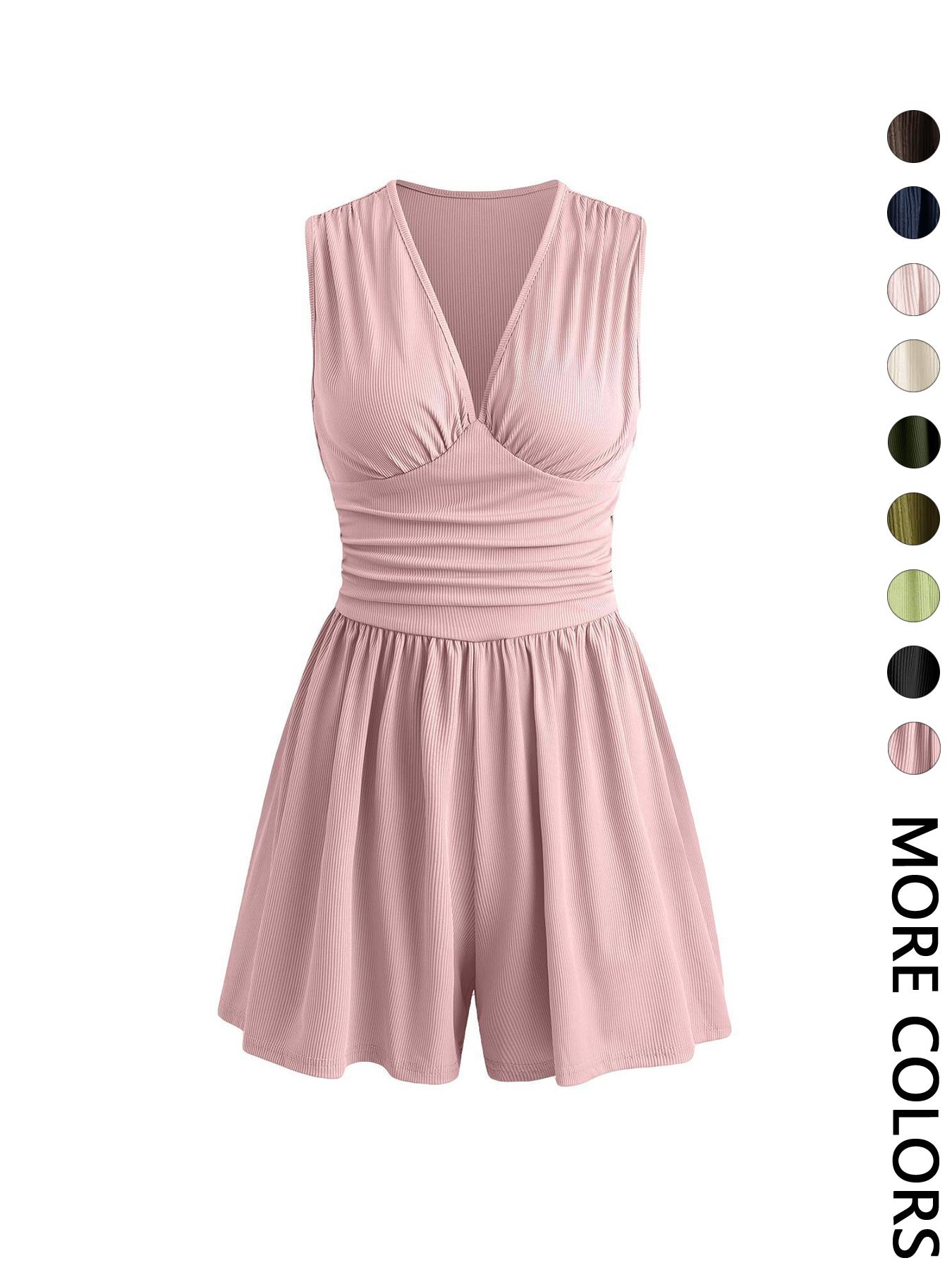 Women's Plain Ruched Deep V Neck Short Fitted Tank Romper, Elegant Sleeveless Romper For Summer, Fashion Casual Ladies Womenswear Clothes For Daily Wear