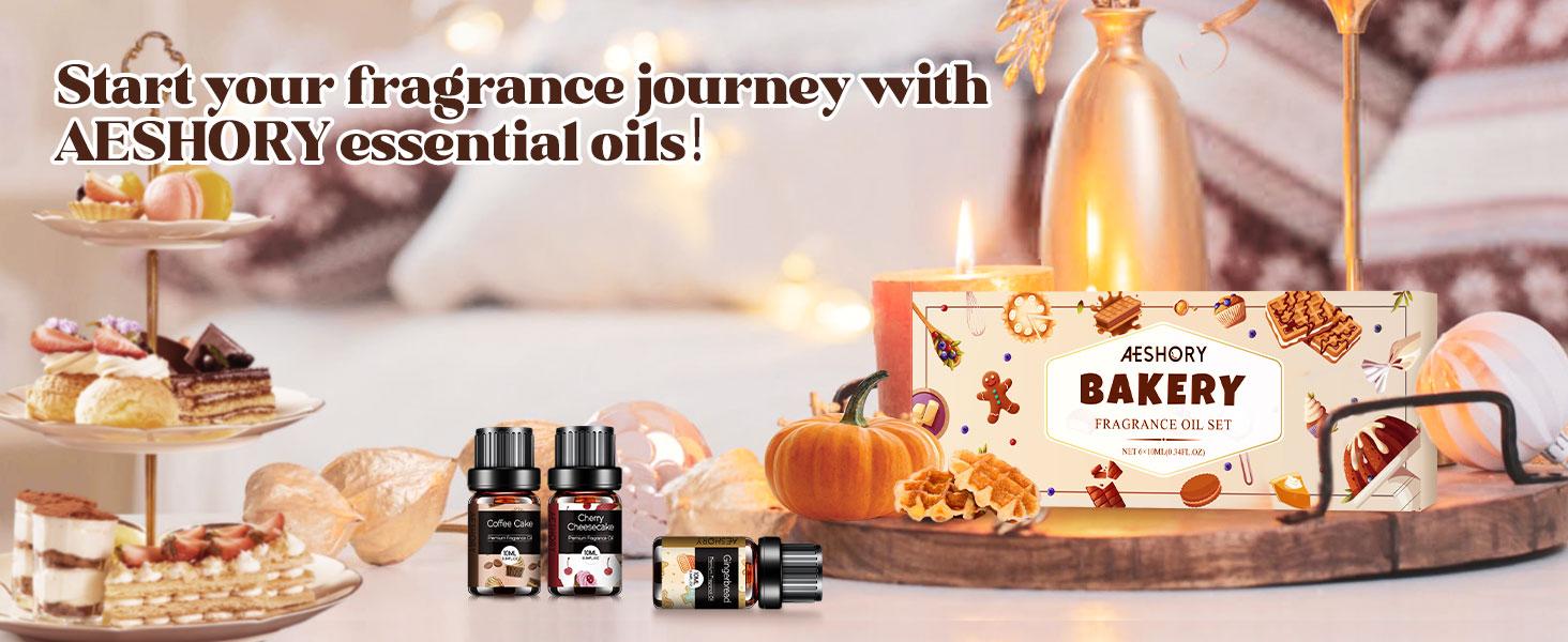 Bakery Essential Oils Set - Fragrance Oil for Diffusers for Home, Candle Making - Pumpkin Pie, Coffee Cake, Gingerbread, Cherry Cheesecake Aromatherapy Scented Oils (6x10ML) Bath Chocolate