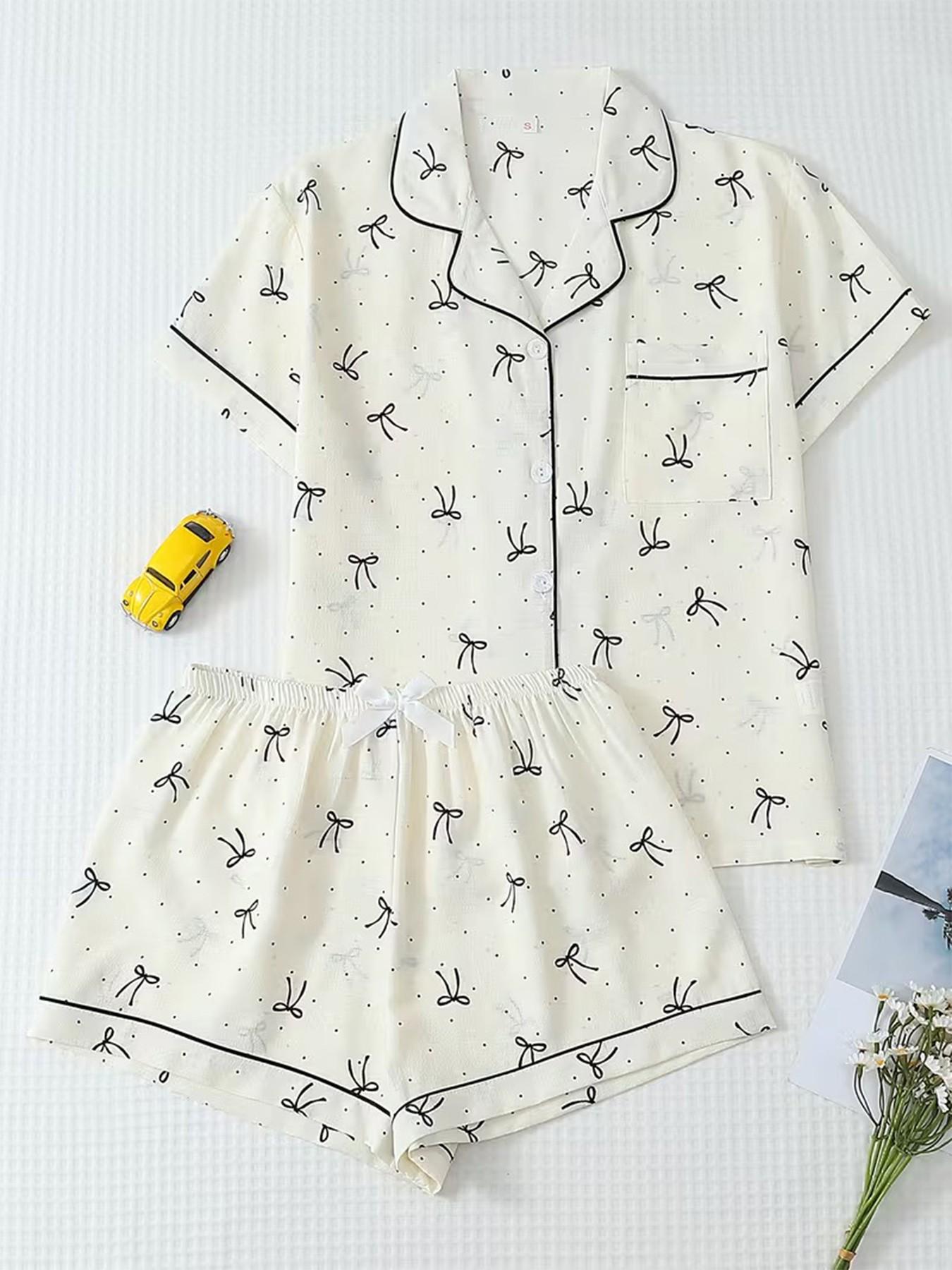 Women's Short Sleeve Button Down Top and Shorts Pajama Set, Spring Summer Wear, For French Lazy Commuter Girls, Cream Base Black Bow & Polka Dot Print, Classic Lapel Collar, Loose Fit, Comfortable For Home & Short Trips