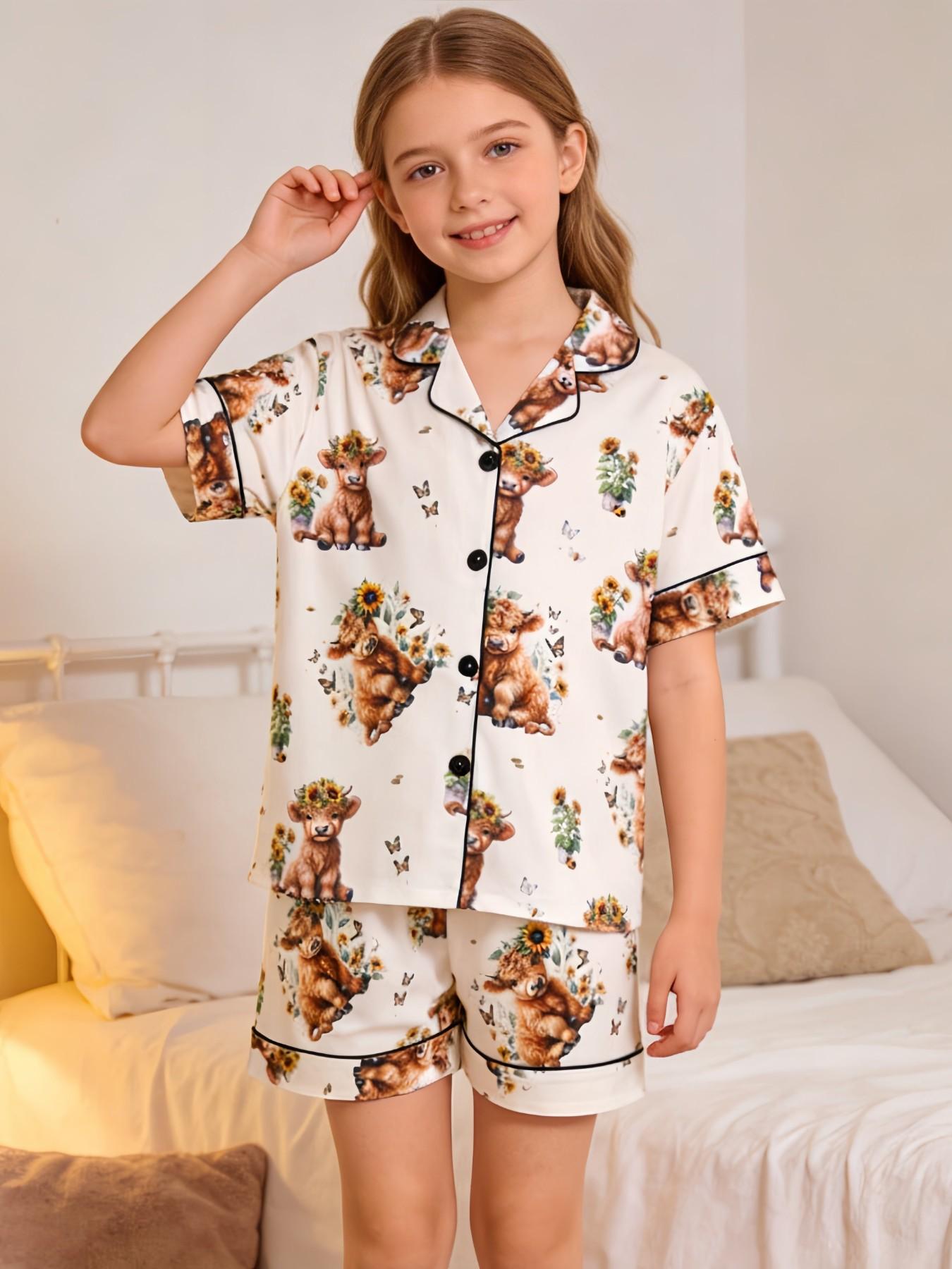 2-Piece Kids' Fire-Resistant Pajama Set, Short Sleeve Button Front, Cartoon Pattern, All Seasons, Casual Loose-Fit, Boys & Girls