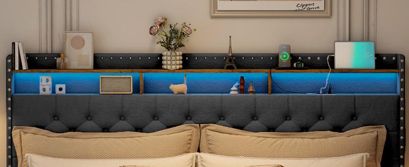 King Size Bed Frame with 3 Drawers, 2-Tier Storage Headbord, Bed Frame with Storage, LED Lights and Charging Station, Upholstered Platform Bed Frame, Wood Slats Support Bedroom Furniture