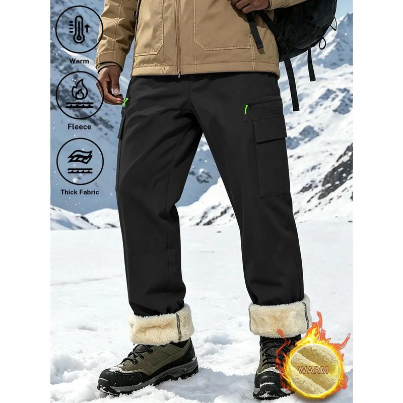 Men’s Winter Cotton Fabric Cargo Pants - Windproof, Fleece Lined, Full Length, Rugged Loose Fit Outdoor Gear with Zip Flaps, Decorative Pockets, Drawstring Waist for Snow Commuting, Winter Hikes