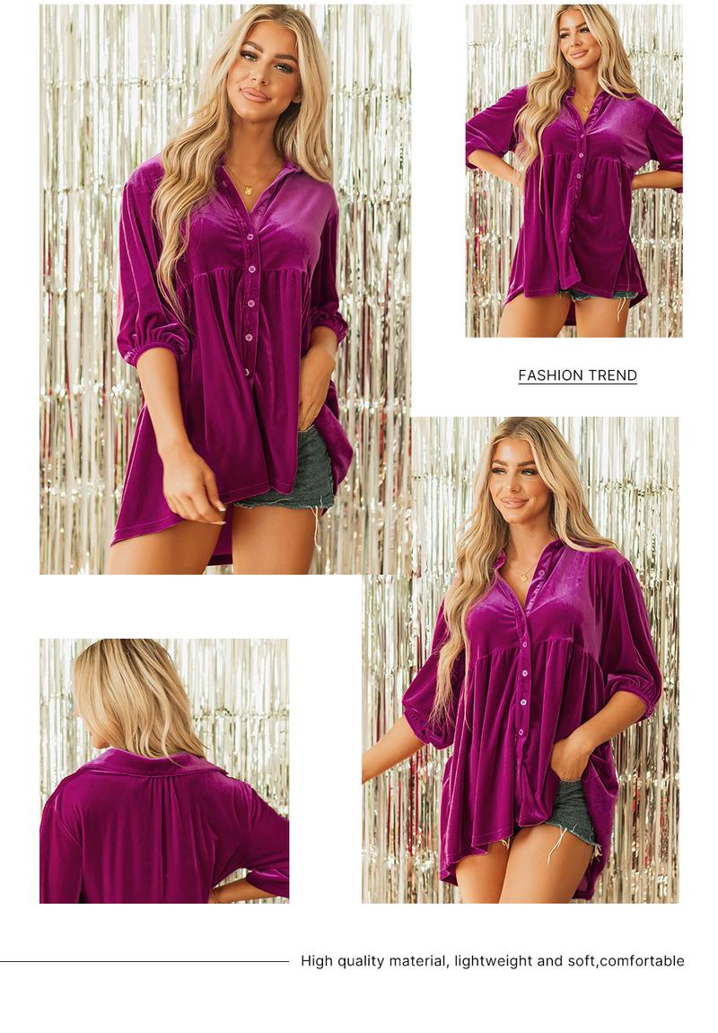 Asvivid Women Fall Fashion 3/4 Sleeve Button Front Velvet Tunic Babydoll Top | Perfect for Party Holiday Season