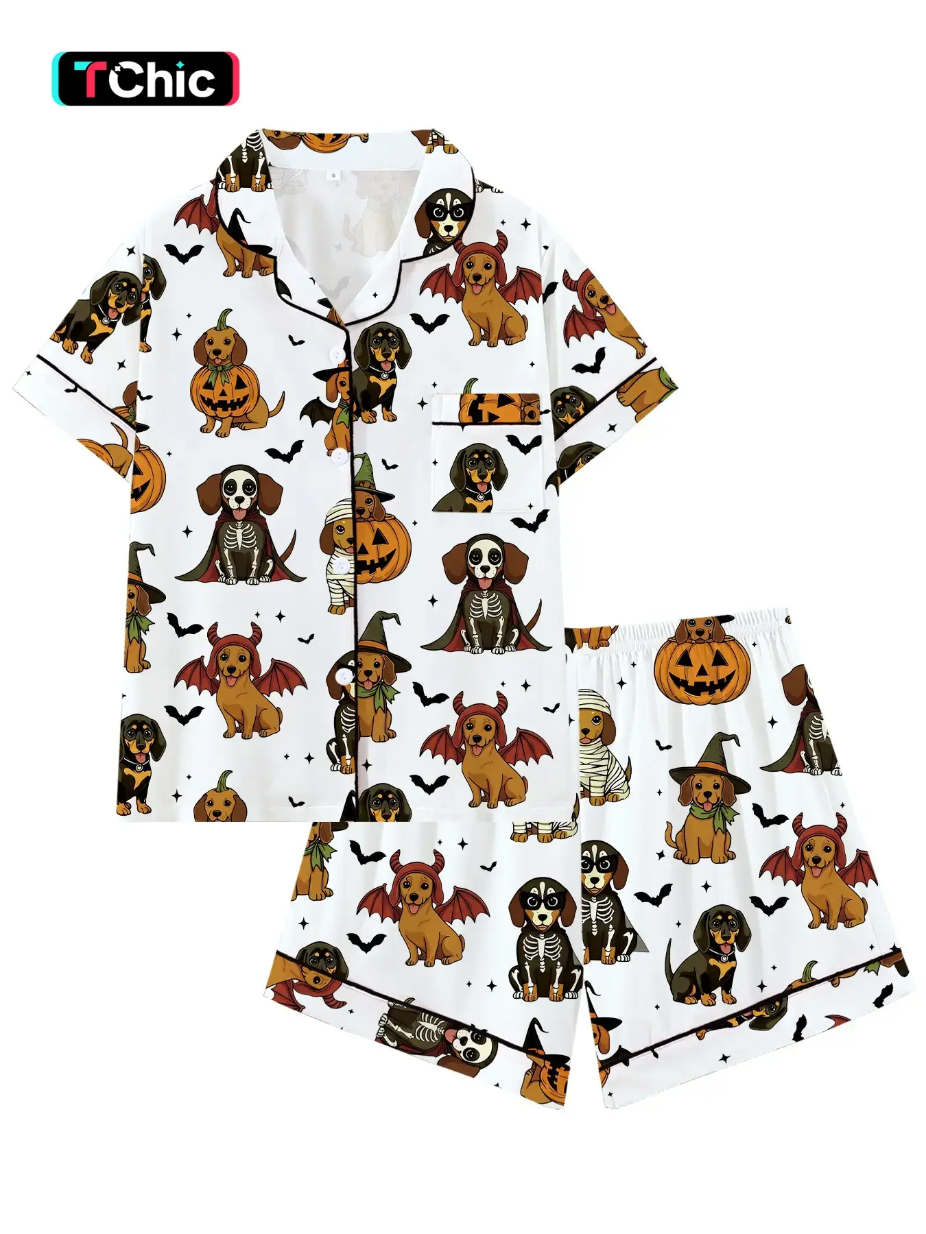 Halloween Dog Skull Skeleton Pajama Set, Trim Graphic Sleepwear, Dark Pure Desire Short Sleeve, Fun Halloween 2-Piece Pajamas