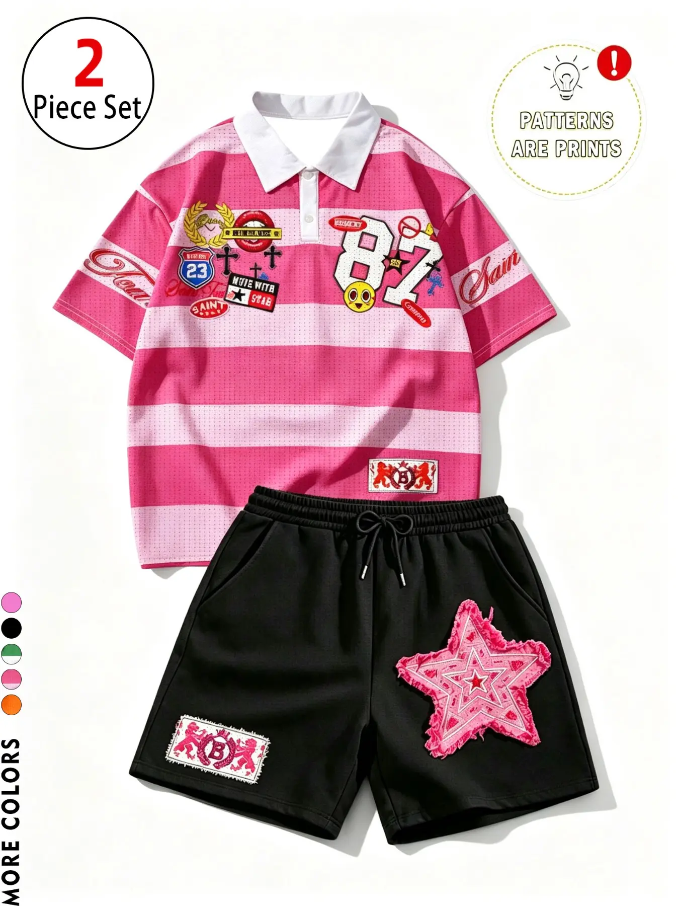 Unisex 2 Piece Outfit Y2K Vintage Striped Breathable Bird Eye Mesh Polo Shirt & Star Print Drawstring Shorts Set, Oversized Contrast Collar Rugby Top Casual Streetwear Matching Tracksuit, Preppy Grunge Summer Outfits for Daily Hangout Vacation