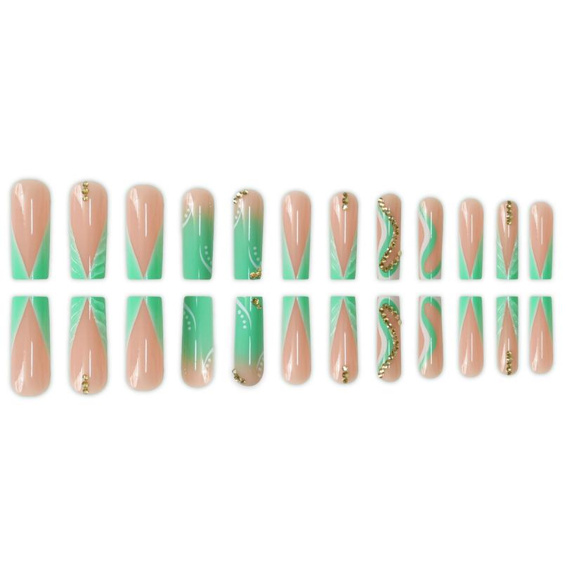 Green Gradient Rhinestones Fake Nails with Nail File & Tape, 24pcs/set Long Coffin Press on Nails for Women & Girls DIY Nail Art, Elegant Stick on Nails Kit