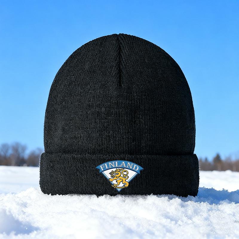 Finland Lion Emblem Knit Beanie Hat Winter Outdoor Cold Weather Warm Headwear for Adults Unisex Casual Snow Sports Hiking Running Urban Streetwear Ideal Christmas Holiday Gift for Family Friends and Loved Ones