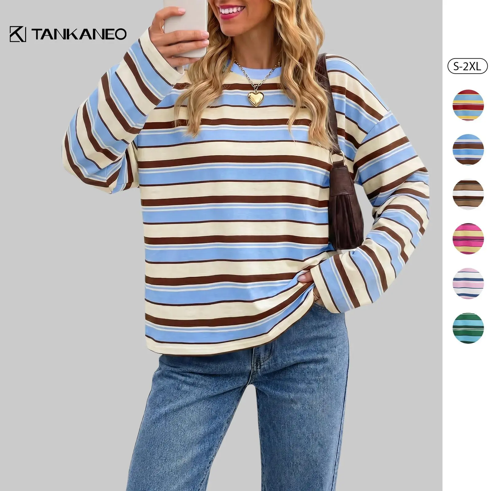 TANKANEO Womens Crew Neck Horizontal Striped Long Sleeve T Shirts, Oversized Loose Fit Color Block Stripe Casual Daily Fall Outfit Tops for Women, Long Sleeve Shirt, Oversized Long Sleeve Women's T-Shirts