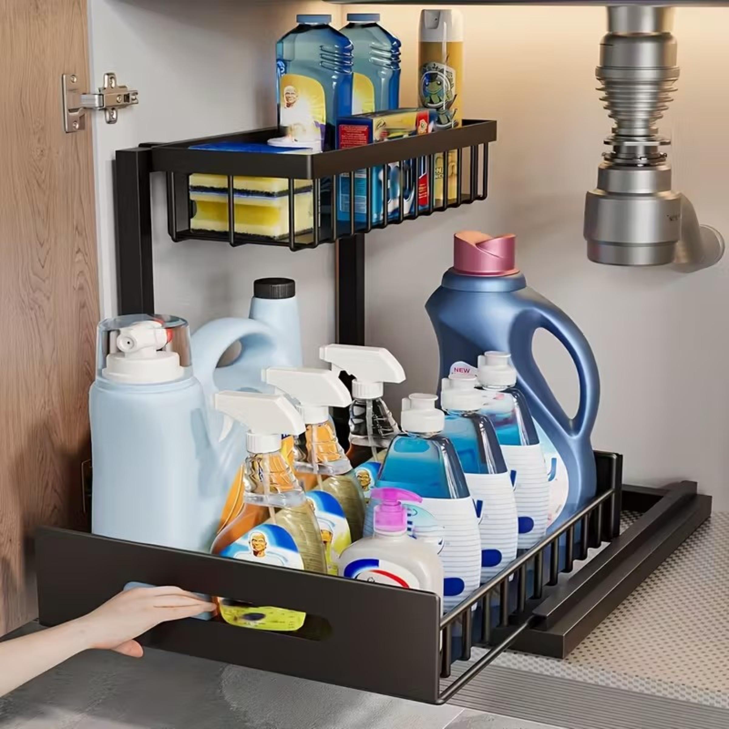 Double Layer Sink Organizer Rack with Metal Sliding Shelves, Adjustable Standing Shelf, Perfect for Kitchen Bathroom Food Storage Cabinet Space (1 Piece or 2 Pieces)