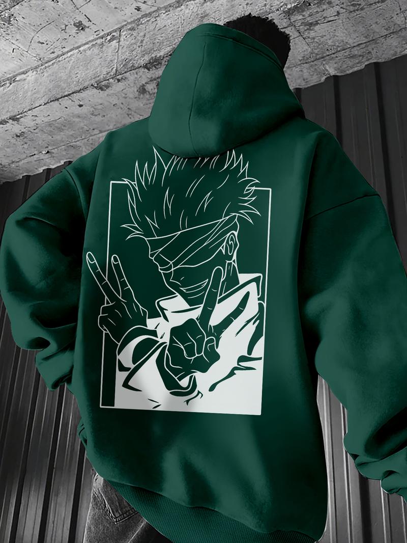 Men's White 'Jujutsu Kaisen Gojo Satoru Black & White Anime Graphic' Oversized Hoodie - Streetwear Anime Casual Pullover, Featuring Iconic Gojo Satoru from Jujutsu Kaisen with Bold Line Art Design, Ideal for Anime Enthusiasts, Graphic Print Hoodie