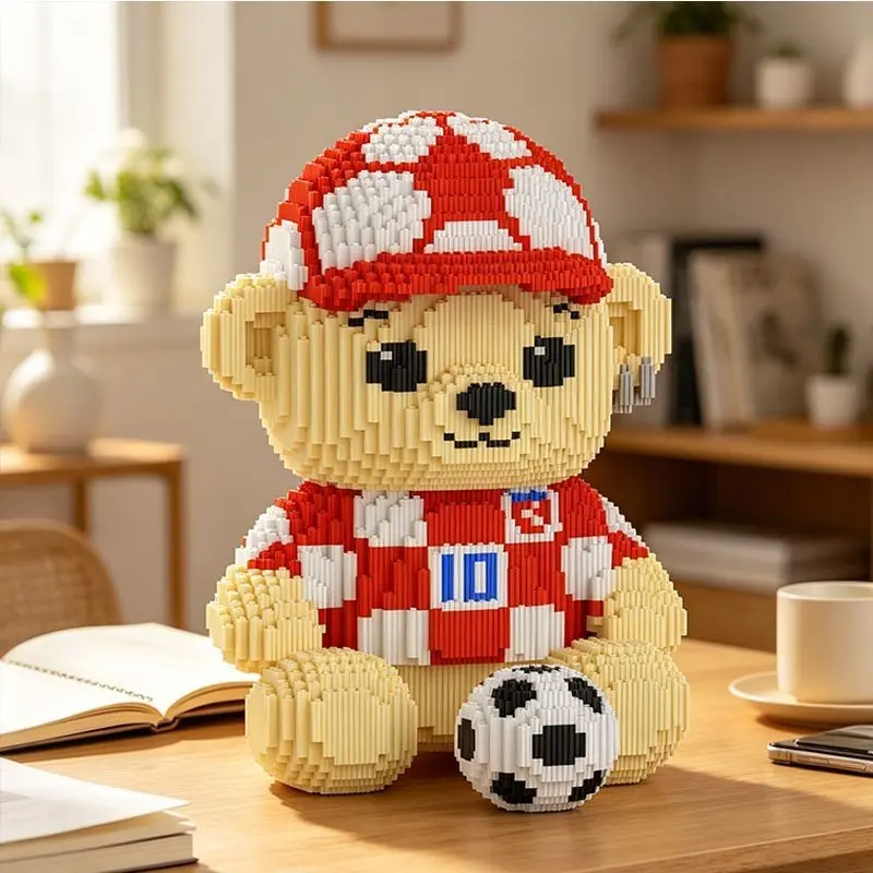Large Cute Bear Football Micro-Particle Building Blocks Model, DIY Craft Kit, Home Decor, Adult Stress Relief Toy, Perfect Birthday Gift for Ages 12+, Building Block Set