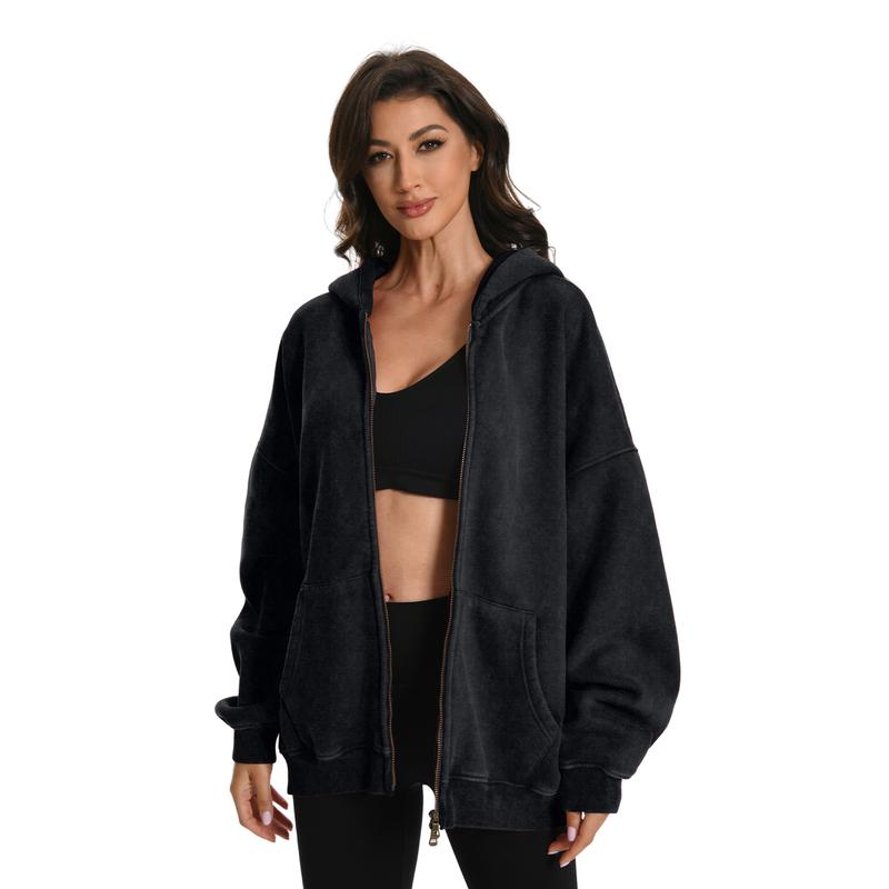 FAIABLE Unisex Oversized Acid Wash Sweatshirt with Double Zipper – Soft Fabric Washed Long Sleeve Pullover for Ultimate Comfort and Vintage Style – Minimalist Tops Perfect Basic Hoodie for Every Casual Occasion