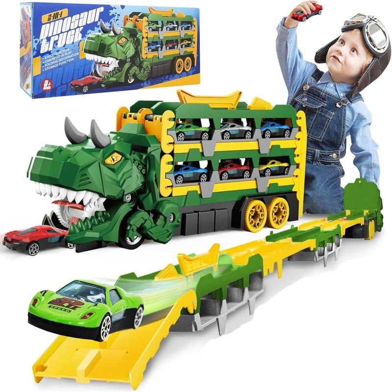 Blue/ Dinosaur Toy Car Set, Foldable Track, Includes 6 Cast Cars, Parent-Child Interactive Play, Boy Toys, Kids Birthday Gift