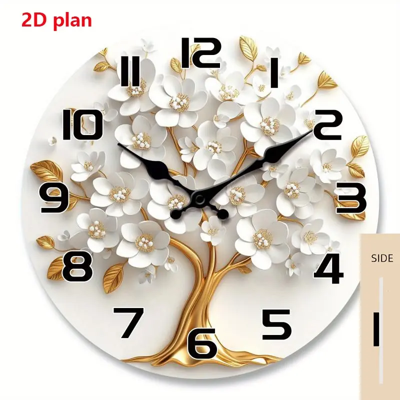 white floral and golden tree pattern acrylic wall clock, Decorative clock, floral-themed silent clock, suitable for living room, bedroom, kitchen, office decor, modern home art decoration, gift for Valentine's Day, New Year, or birthdays