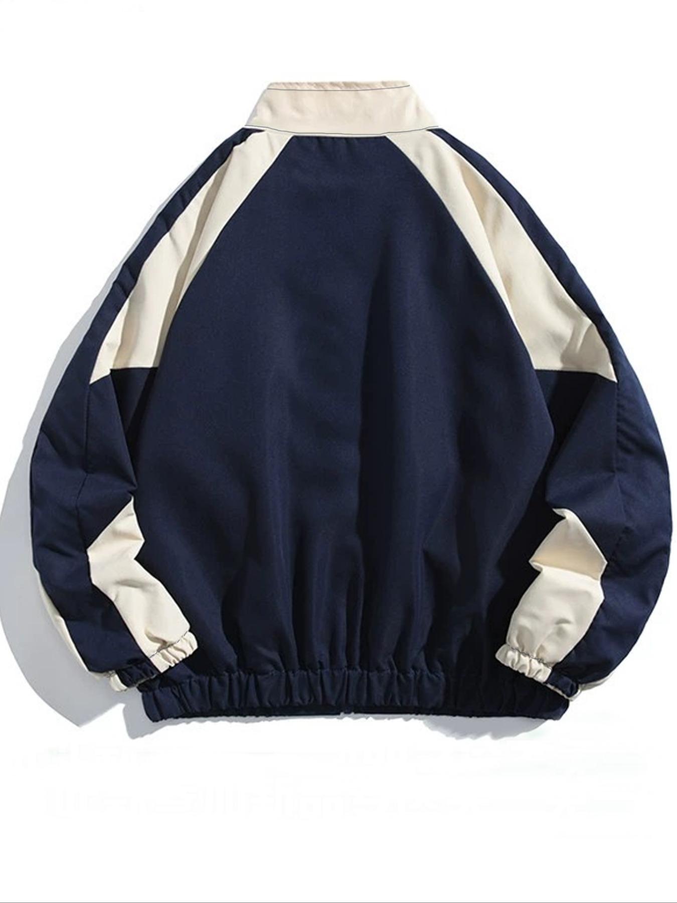 Men's Vintage Colorblock Collar Jacket Coats, Casual College Style Outerwear, Trendy Simple Men's Essential Baseball Vest