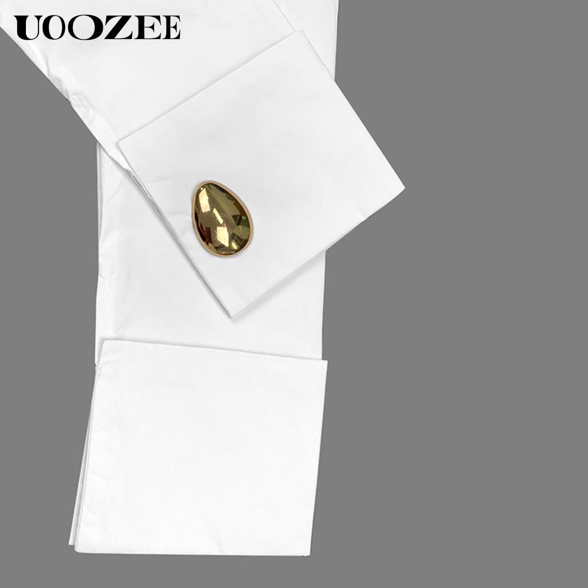 UOOZE Women's long-sleeved Slim Fit button-down solid color lapel shirt top, 100% cotton, embellished with gold buttons, suitable for multiple occasions all seasons blouses (One Size Up Recommended for C - Cup and Above) Casual cute fall outfits SpringSta