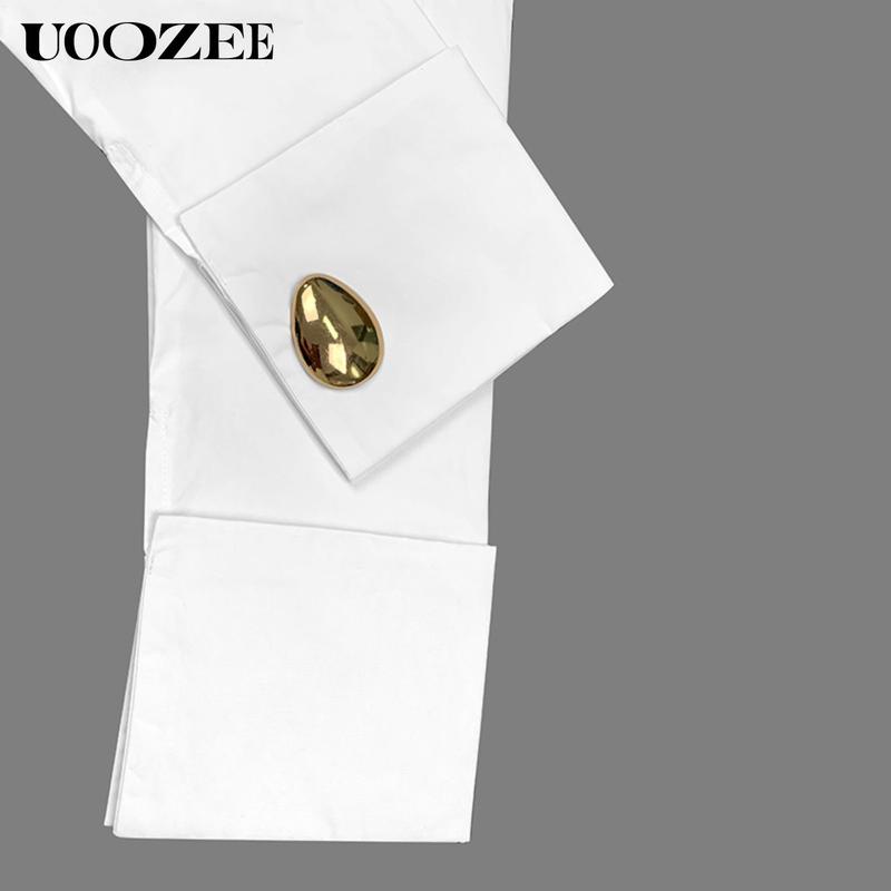 UOOZE Women's long-sleeved Slim Fit button-down solid color lapel shirt top, 100% cotton, embellished with gold buttons, suitable for multiple occasions all seasons blouses (One Size Up Recommended for C - Cup and Above) Casual cute fall outfits