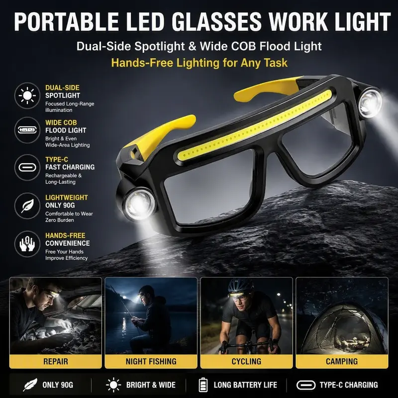 Portable LED Glasses Work Light, Dual‑Side Spotlight & Wide COB Flood Light, Type‑C Fast Charging Hands‑Free Lamp for Repair, Night Fishing, Cycling Camping
