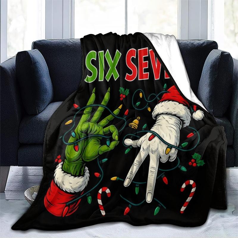 Personalized Christmas Number 67 Flannel Blanket, Grinch Gesture Decorative Warm Home Blanket, Ideal for Home Office Travel Camping