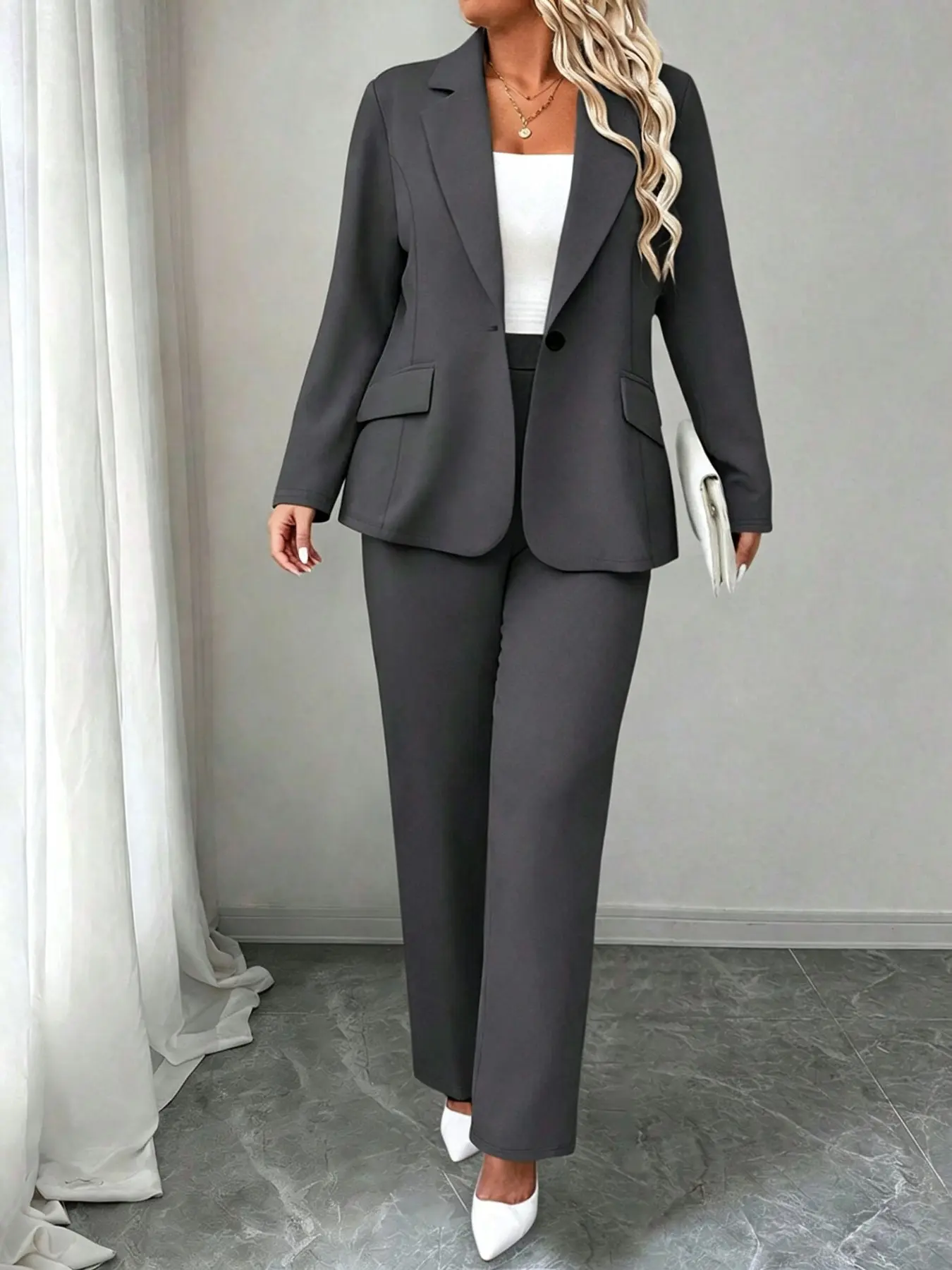 Plus Size Women's Business Professional Set, Suit, Single Button Blazer Jacket + Micro Flare Long Pants Two Piece, Elegant Office Wear