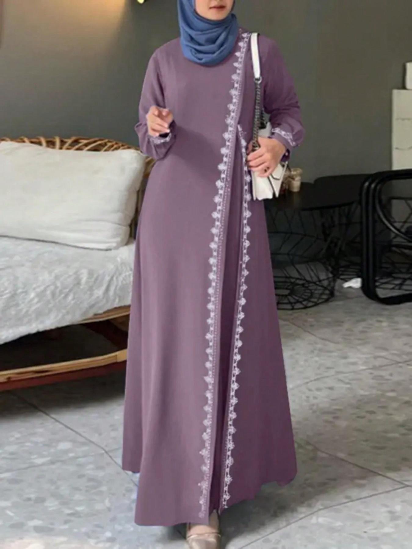 Women's Fashion Long Sleeve Round Neck Solid Color Casual Dress, Long Sleeve Dresses, Elegant Lace Trim Robe Style, Perfect for Daily Wear & Special Occasions, Muslim Outfits