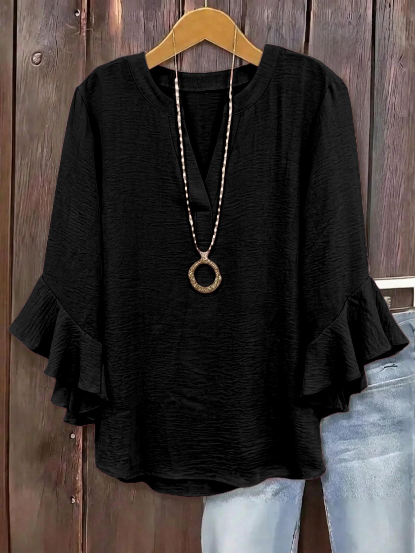 Plus Size V-Neck Ruffled Sleeve Textured Blouse, Loose Fit Y2K Summer Top, Trendy Elegant Flounce Detail, Comfortable Casual Everyday & Party Wear, Blouses Shirts Tops