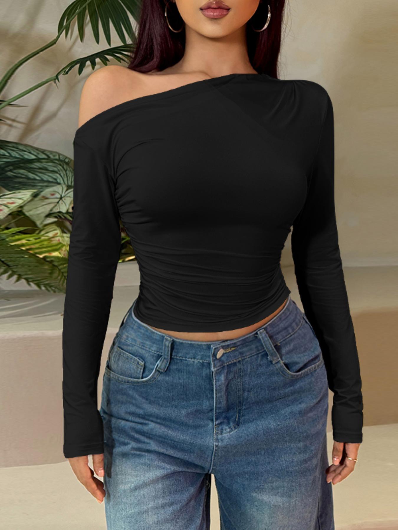 Women's Asymmetrical Neck Long Sleeve Top, Slim Fit Casual Blouse, Elegant Fashion Shirt for Daily Wear, Ladies' Stylish Clothing