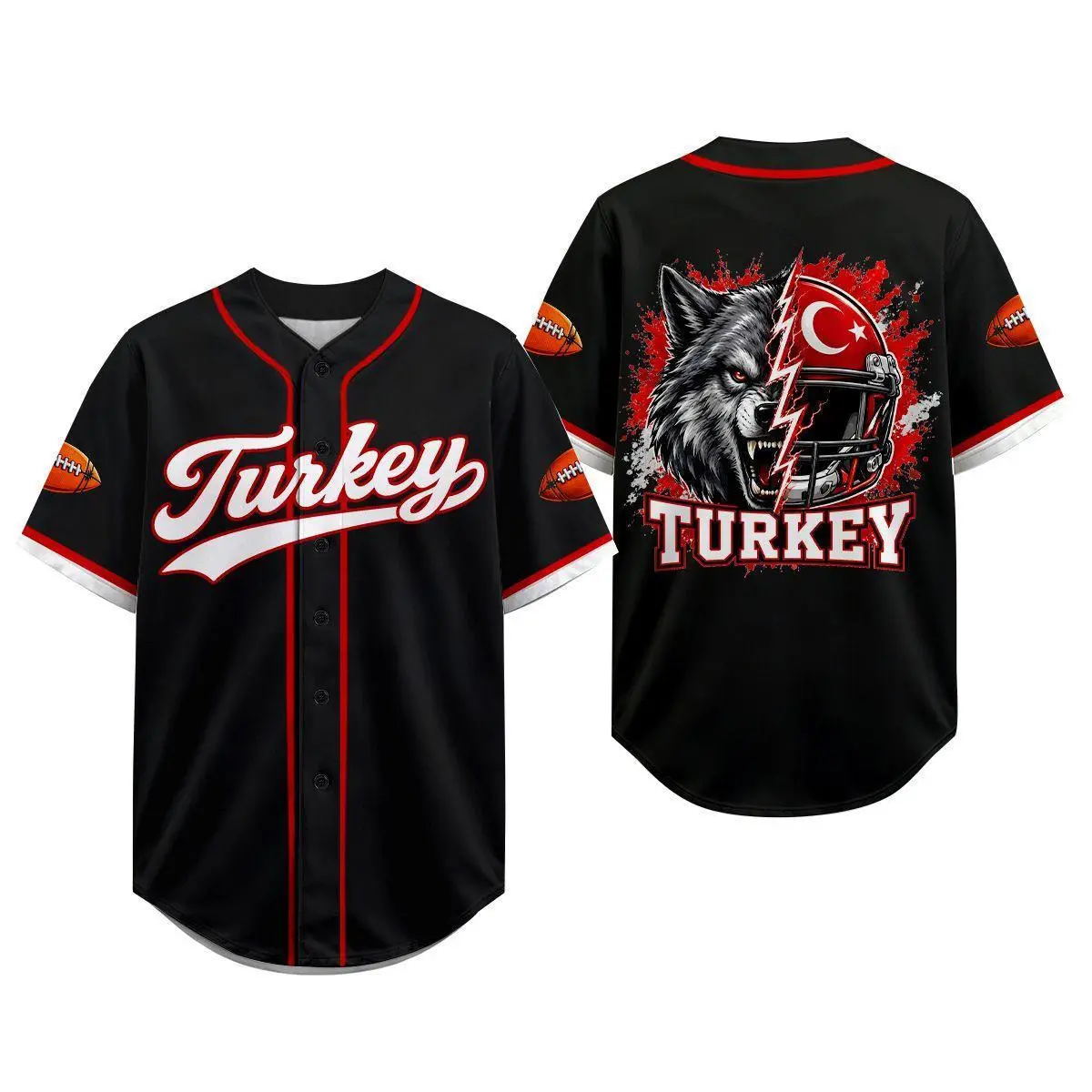 Unisex Turkey Baseball Jersey Shirt - Black Red Button-Front, Football Sleeves, Wolf Helm Art Back Graphic, Oversized Fit Multi-Size Streetwear, Game Day Casual Gift