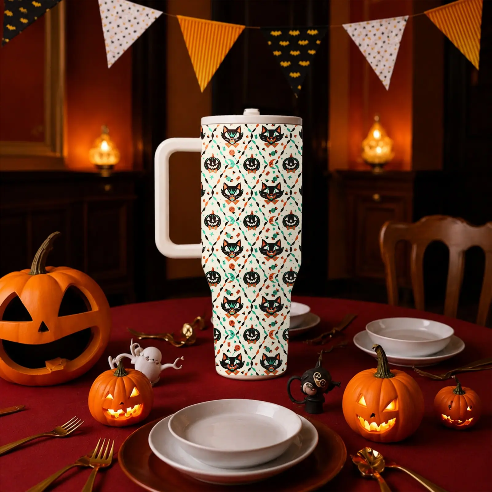 1PC Halloween Black Cat Pumpkin Tumbler 40oz with Handle, Cute Kitty Ghost Party Design, Spooky Cat & Jack O Lantern Print Insulated Stainless Steel Cup, Large Travel Mug with Straw Lid, Fun Halloween Gift for Cat Lovers Women Girls