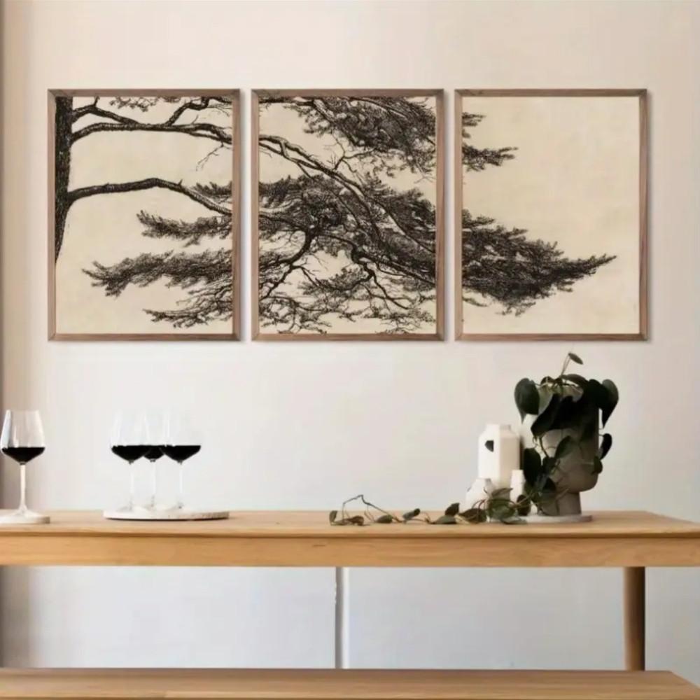 3-Piece Optional Wooden Frame Vintage Pine Tree Branch Botanical Art Poster High Grammage Moisture-proof Micro-spray Flat Surface No Color Difference Home Wall Decor