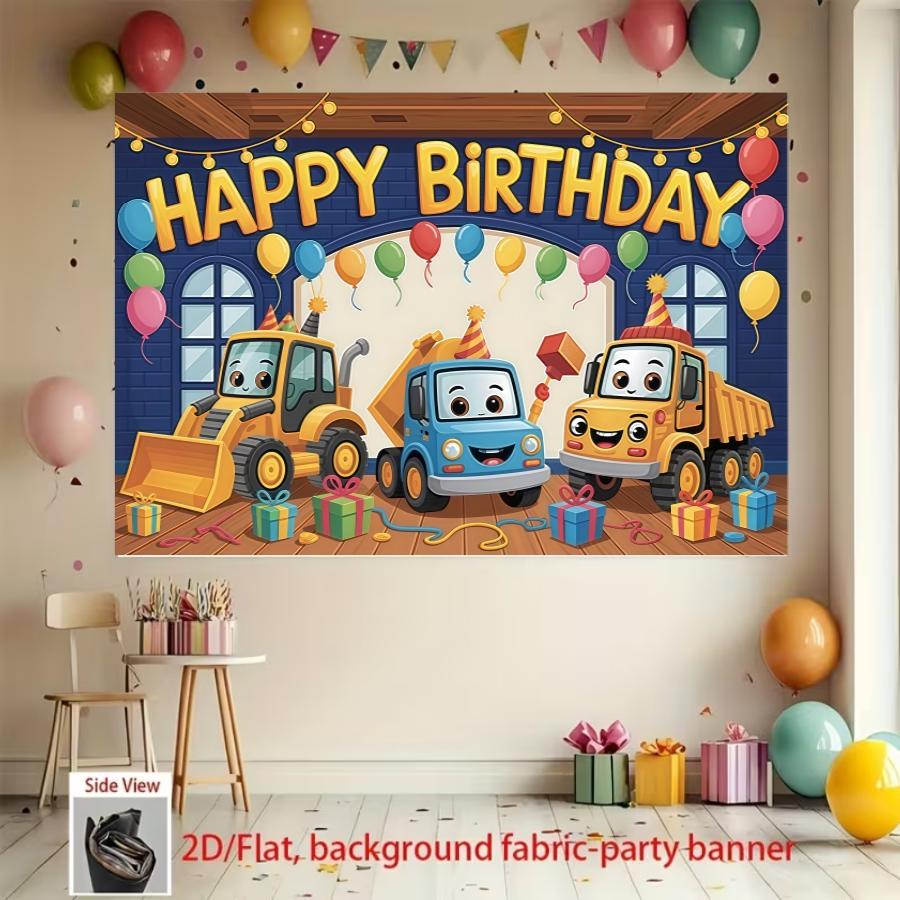 Construction vehicle birthday background banner, bright cartoon truck and balloon design, made of polyester material, suitable for living rooms, bedrooms, offices, birthdays, anniversaries, home decoration, outdoor and indoor parties