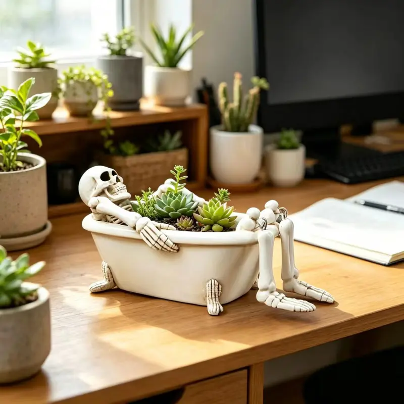 Skull Bathtub Planter, 6.37 Inches with Drain Hole, Unique Decorative Pot for Plants, Soap Holder, Home Desk Decoration, Halloween Theme