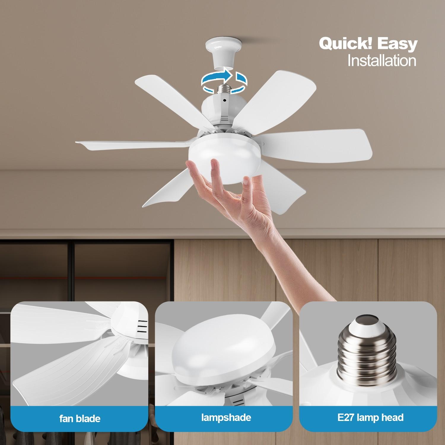New E27 Bulb Socket Ceiling Fan Light Lamp, Adjustable Dimming Timer, 3 Color Modes 3000k-6500k, Remote Control, Bedroom Kitchen Living Room