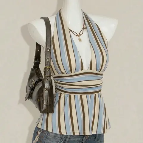 Women's Striped Halter Neck Deep V Waist Cinch Cami Top, 90s Retro Y2K Style, Everyday Casual Sexy Daily Wear