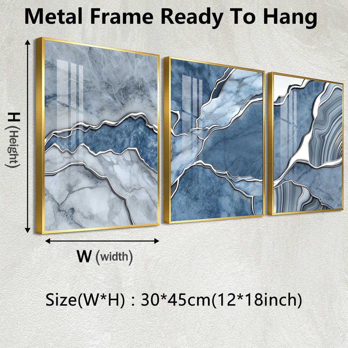 3 Counts Aluminum Alloy Framed Painting, Abstract Blue Marble Texture Art Pictures, Home Decoration For Living Room, Bedroom, Office, Restaurant, Hallway Wall Decor, Odorless Print Artwork, Luxury Perfect Gift For Friends And Family