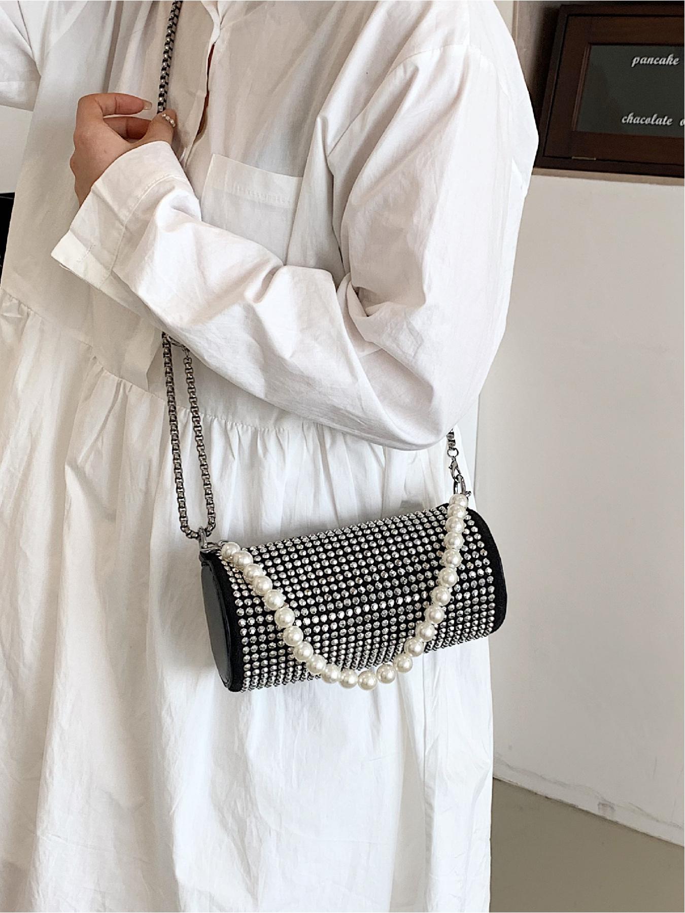 Elegant Rhinestone Design Handbag, Versatile Round Tube Bag, Simple Lady Shoulder Crossbody Bag, Stylish and Practical Accessory