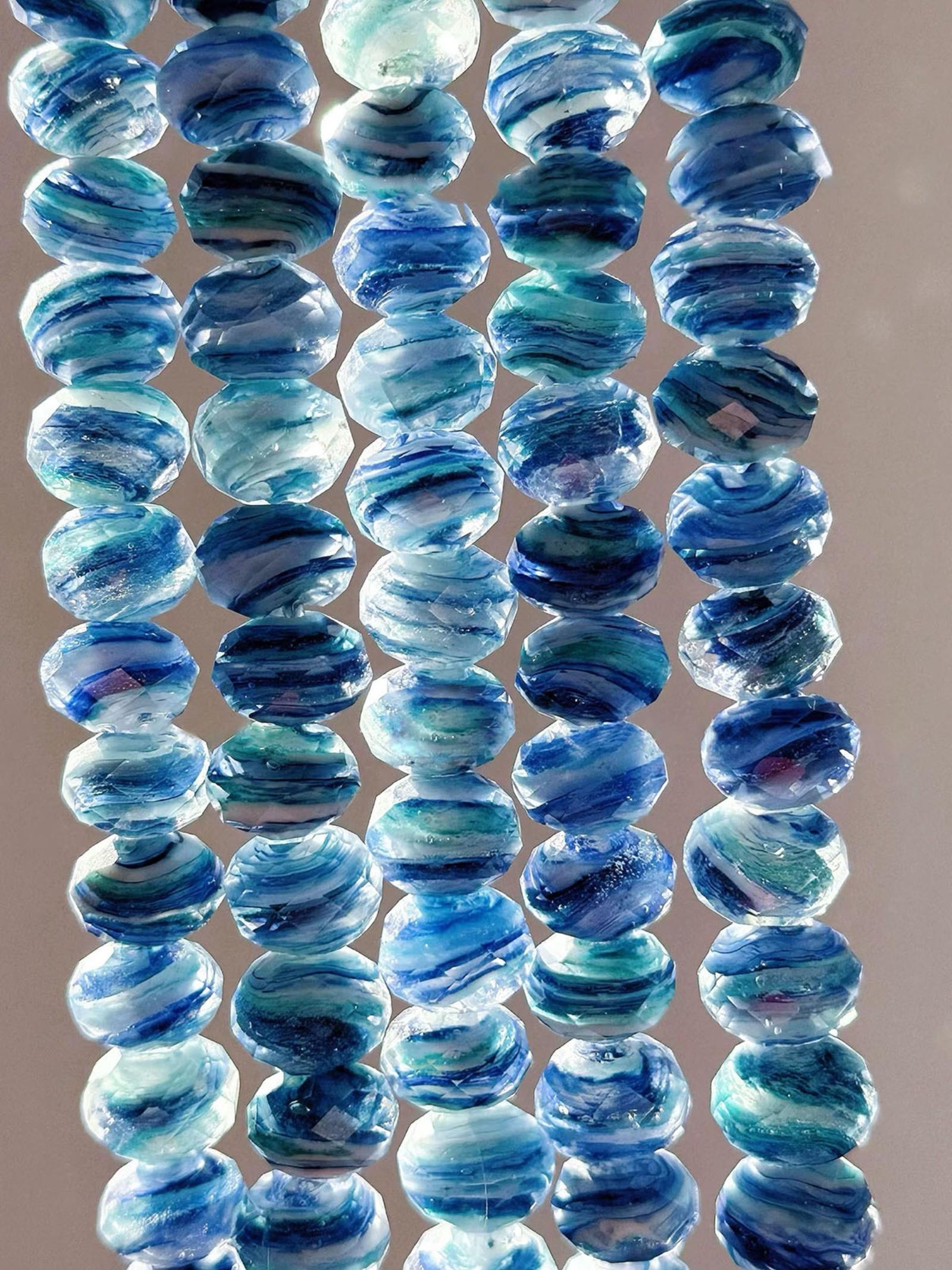 5pcs Blue Oil Painting Style Cut Glass Beads for DIY Jewelry Making, Ditsy Floral Pattern, Contemporary Design for Bracelets & Necklaces