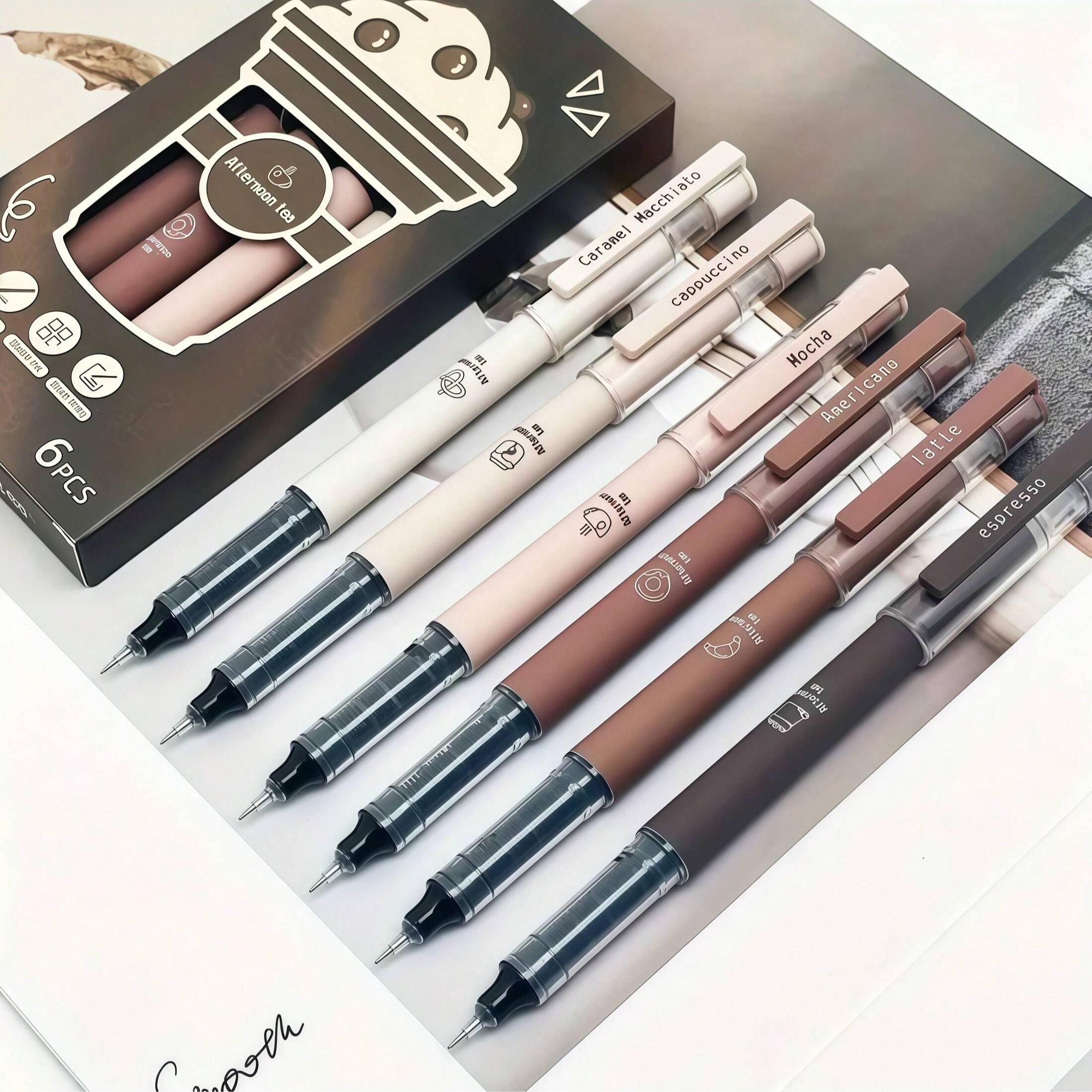 6pcs Coffee Theme Liquid Quick-Drying Ink Gel Pens, No smear Soft Touch Pens for Note taking Drawing School Office Supplies