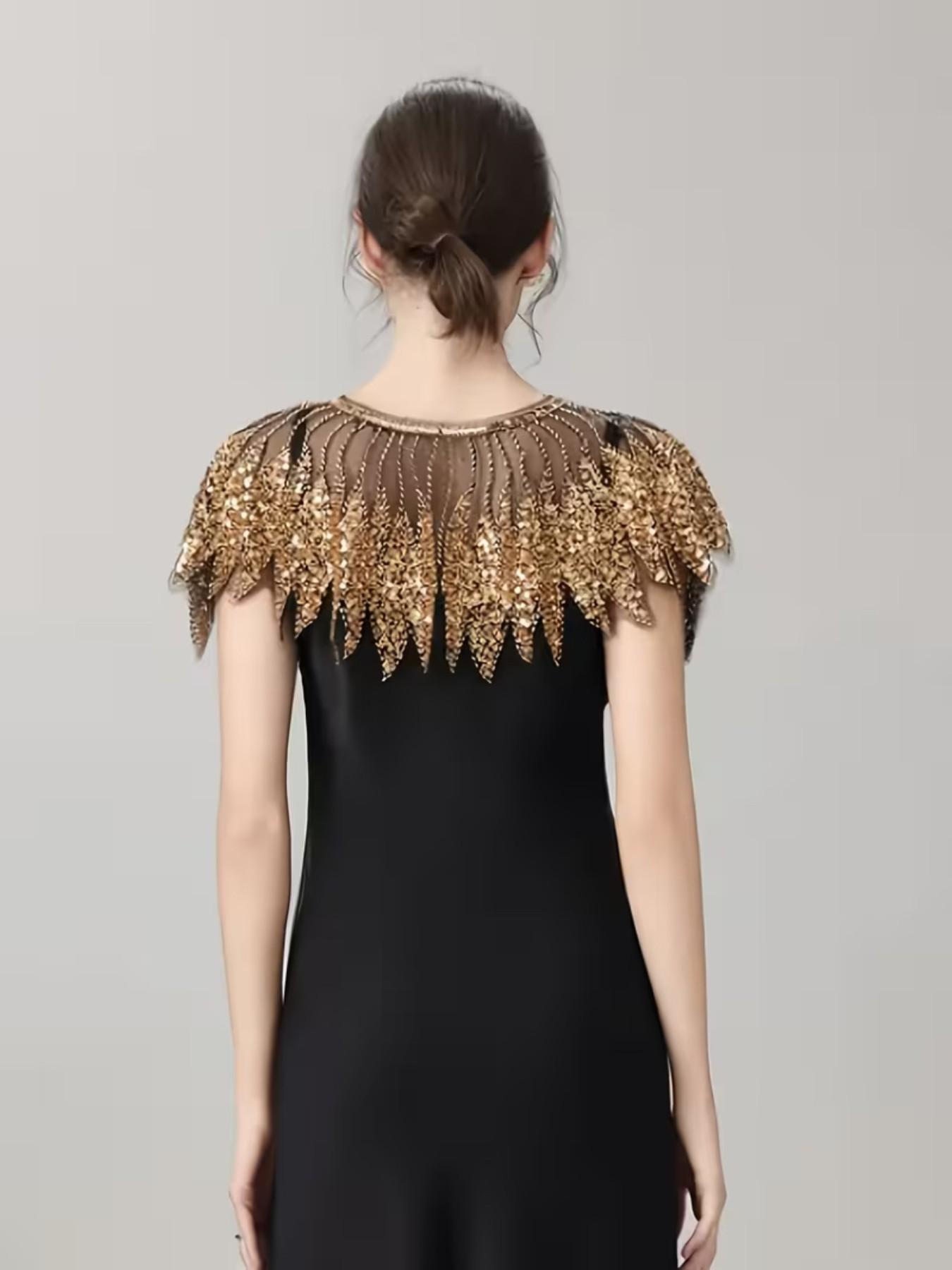 Sequined Beaded Vintage Polyester Mesh Evening Gown Shawl, Perfect for Weddings, Parties, Banquets, Hand Washable, Retro Elegance