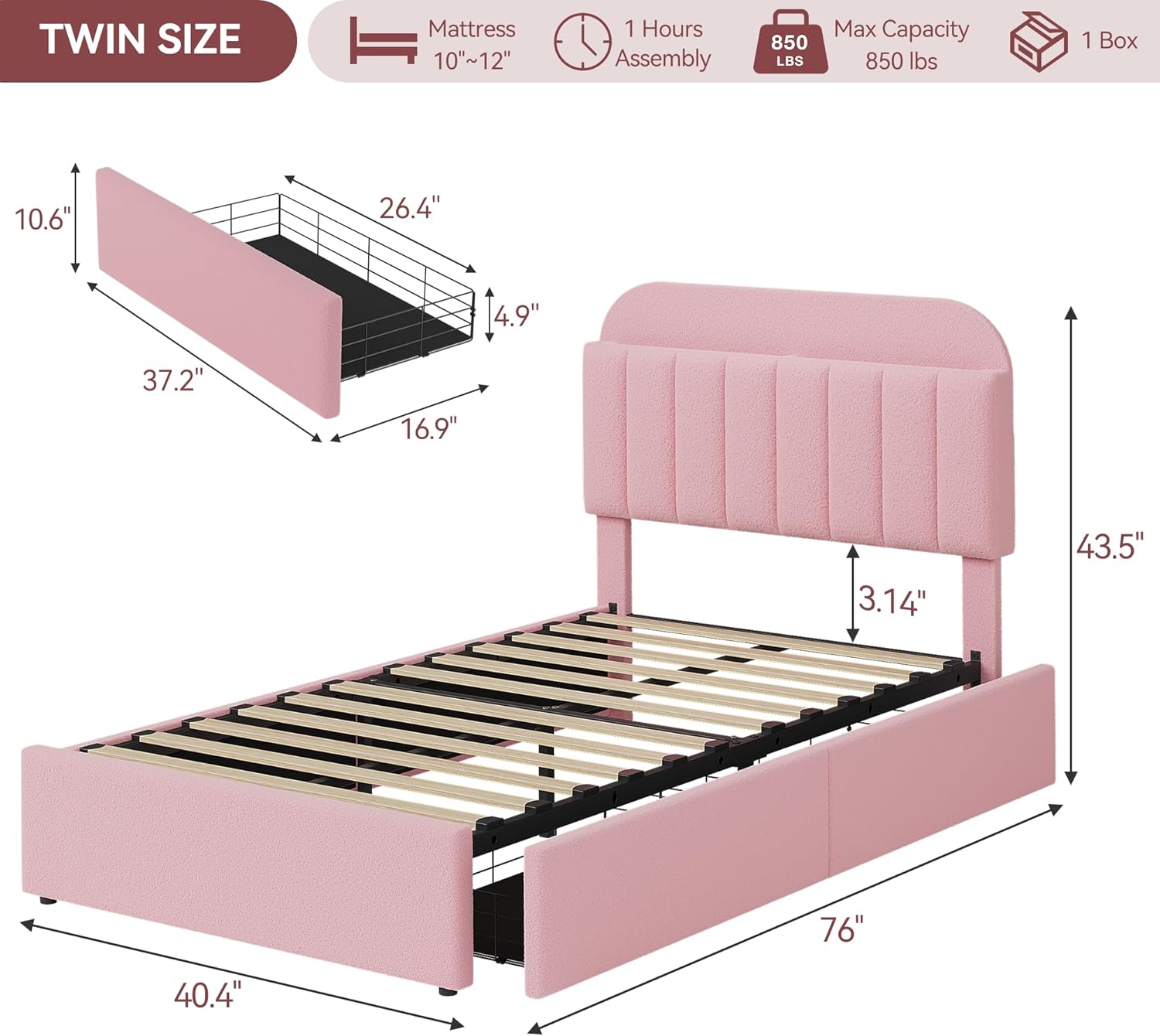 Twin Size Bed Frame with 2 Flexible Drawers, Boucle Upholstered Platform Bed Frame with Bookcase Headboard, Bedframe for Kids/Girls, Easy Assembly, No Box Spring Needed, Noise Free