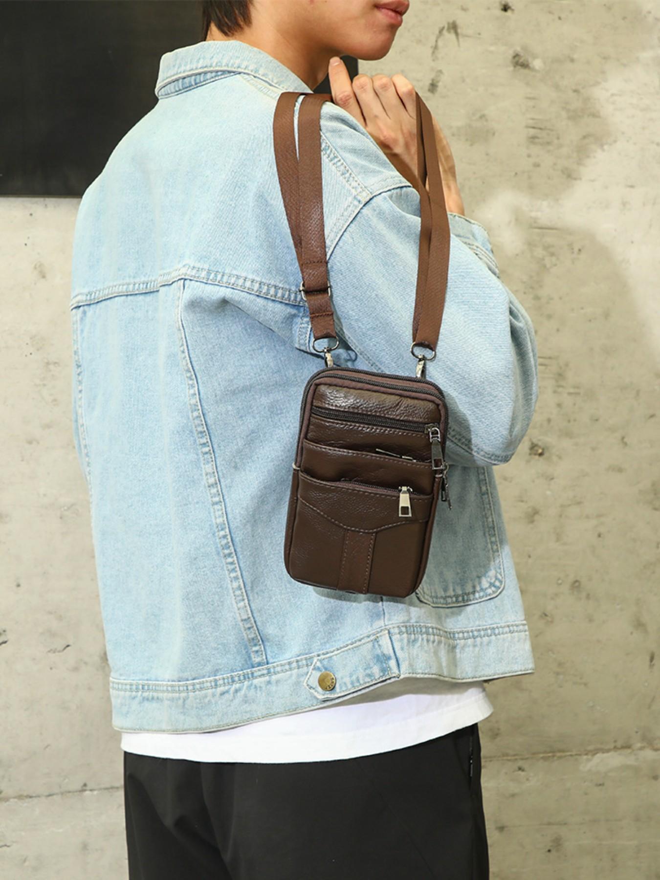 Men's Genuine Leather Phone Waist Bag, Waist Pack, Multi-Zipper Crossbody Belt Pouch, Crossbody Belt Bags, Large Capacity Casual Shoulder Bag, All Seasons Fashion Accessory, Cowhide Belt Bag
