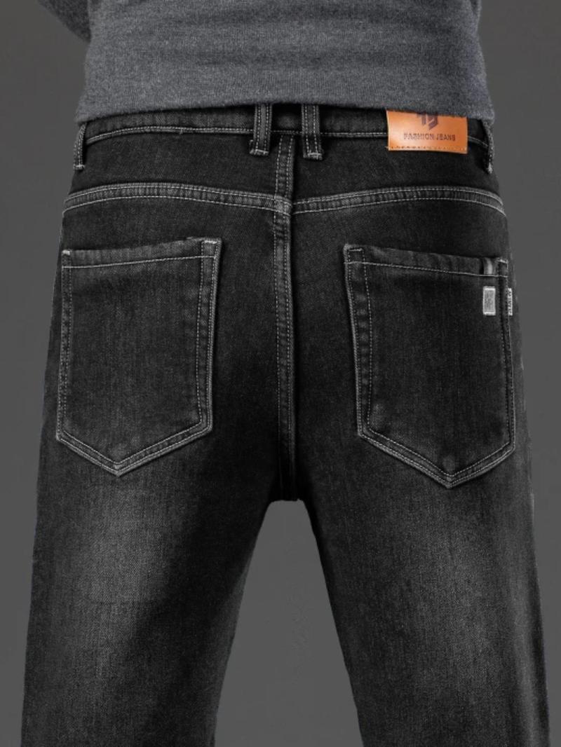 Men's Fleece Lined Denim Jeans, Loose Straight Leg Long Pants, Warm Cotton Elastic Autumn Winter Fashion, Versatile Casual Wear, Denim Clothing