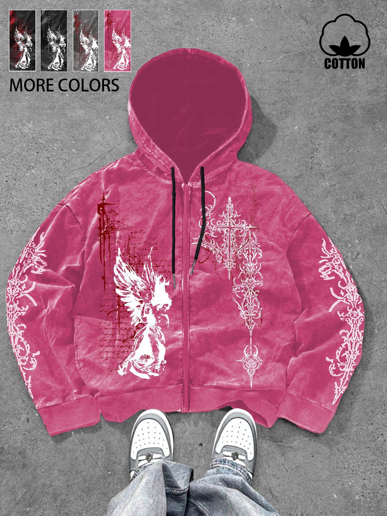 Same design for men and women, Dark-themed angel/gothic lace pattern print, retro American-style wash water cotton zipper hooded cardigan sweatshirt, suitable for spring and autumn, warm with cotton, and is perfect for street gothic fashio, Fashion