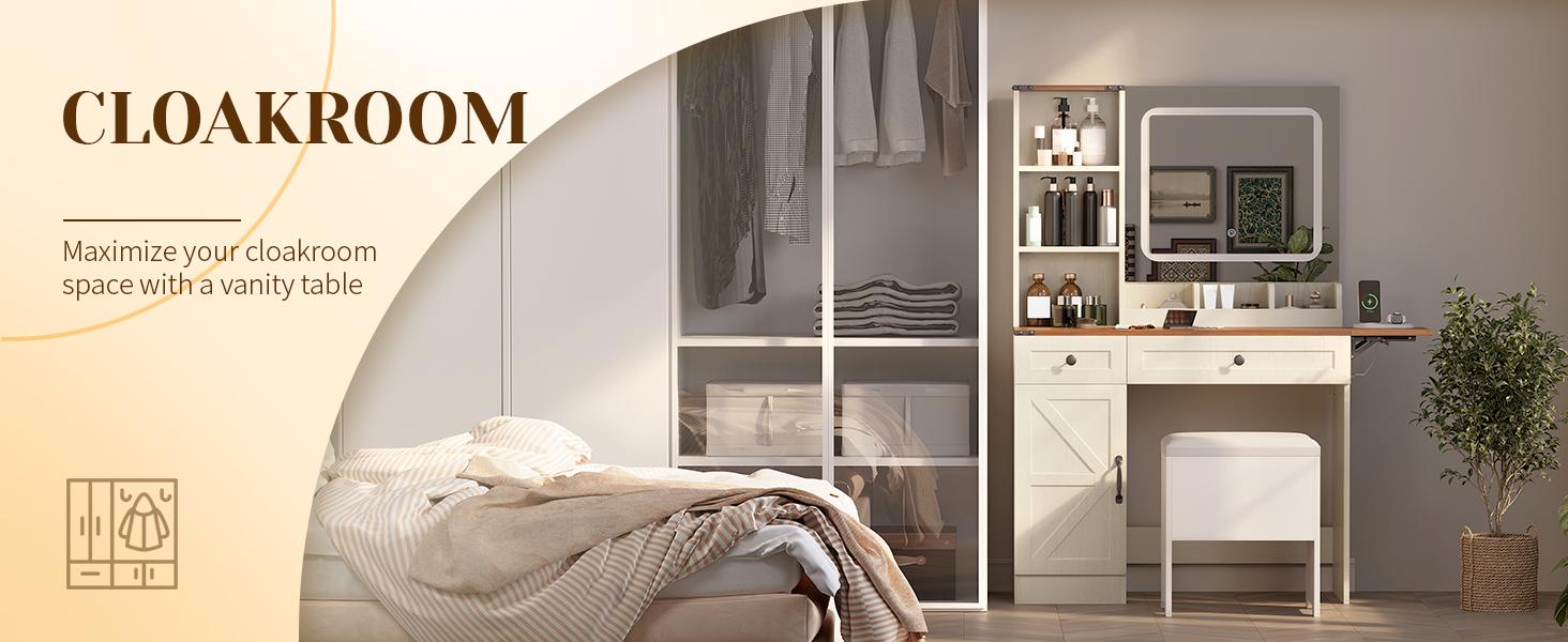 Modern Makeup Vanity Set with Adjustable LED Mirror,Vanity Desk with Stool, Dressing Table Set Furniture Organization