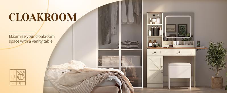 Modern Makeup Vanity Set with Adjustable LED Mirror,Vanity Desk with Stool, Dressing Table Set Furniture Organization