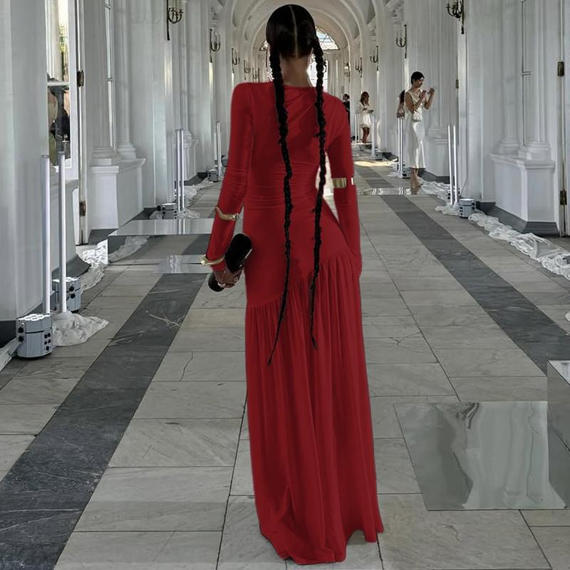 Women's Solid Ruched Round Neck Long Sleeve Pleated Dress, Elegant Plain Patchwork Plicated Slim-fitting Long Dress, Party Club Date Evening Gown Formal Dress, Ladies Spring Fall Winter Casual Dresses Clothes Wear, Formal Bodycon Dress