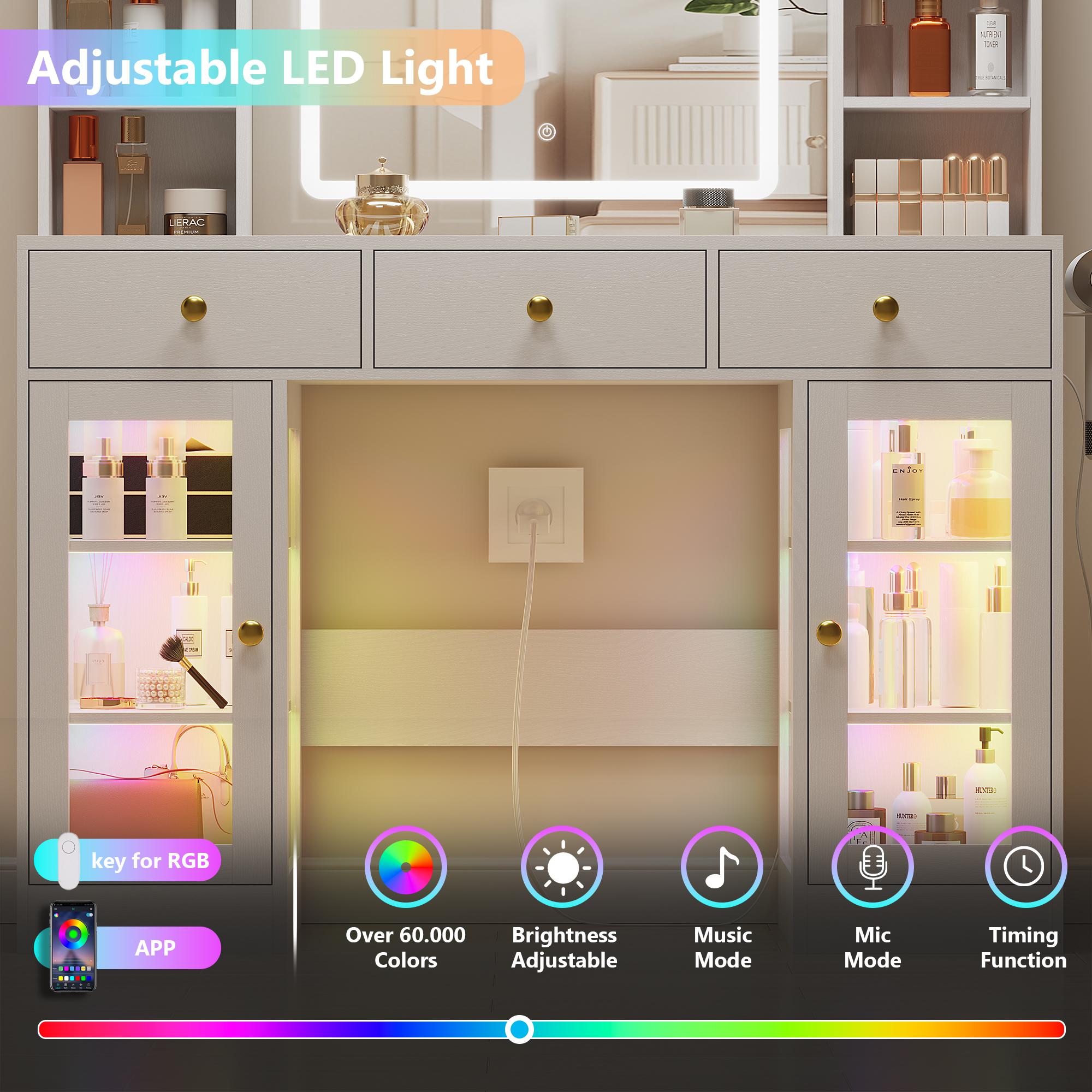 Led Light White Vanity Desk with Mirror and Lights, Glass Top Vanity with Lighted Mirror & RGB Cabinet and 3 Drawers, Dressing Table with 8 Shelves, Modern makeup vanity，Makeup Desk with Lights for Girls Bedroom,